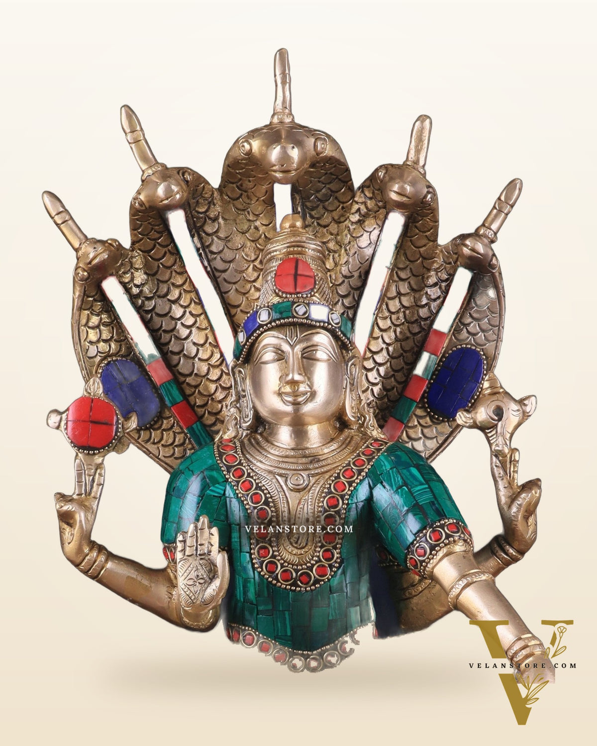 Pure Brass Lord Vishnu statue Sitting Under Sheshanaaga | 11 Inch stonework