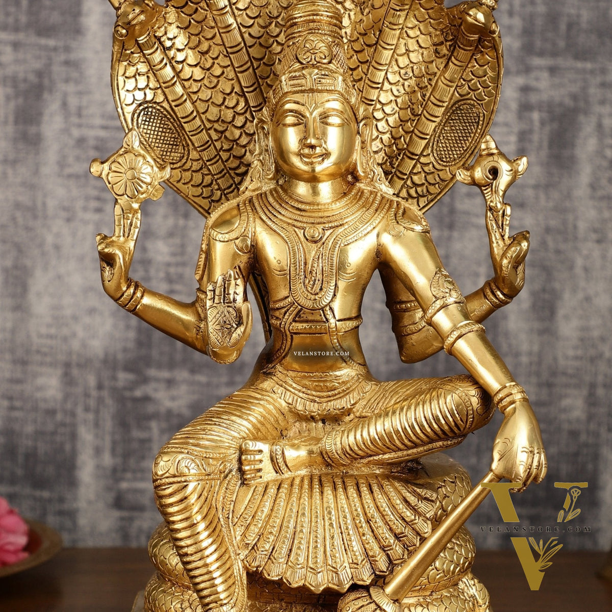 Pure Brass Lord Vishnu statue Sitting Under Sheshanaaga | 11 Inch