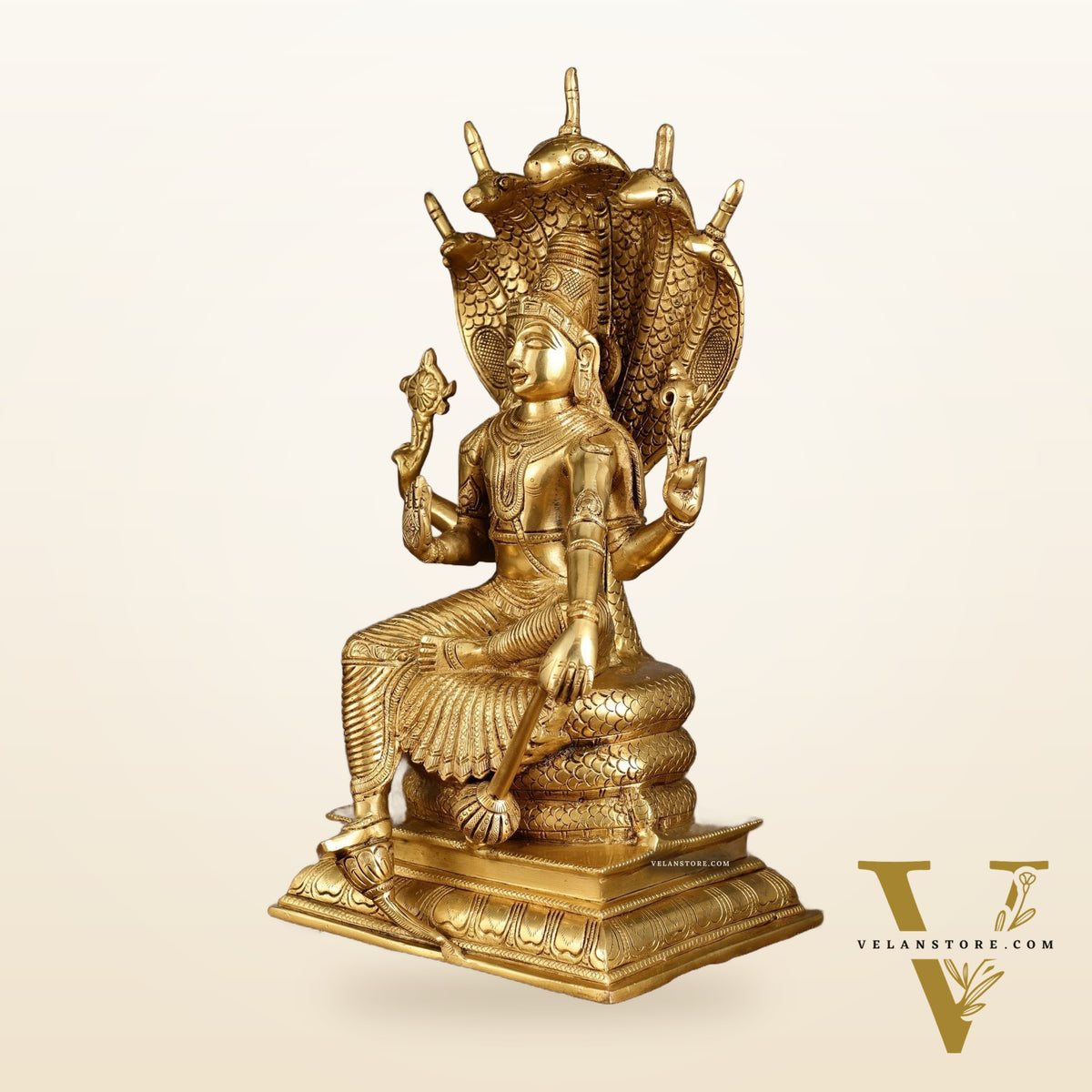 Pure Brass Lord Vishnu statue Sitting Under Sheshanaaga | 11 Inch