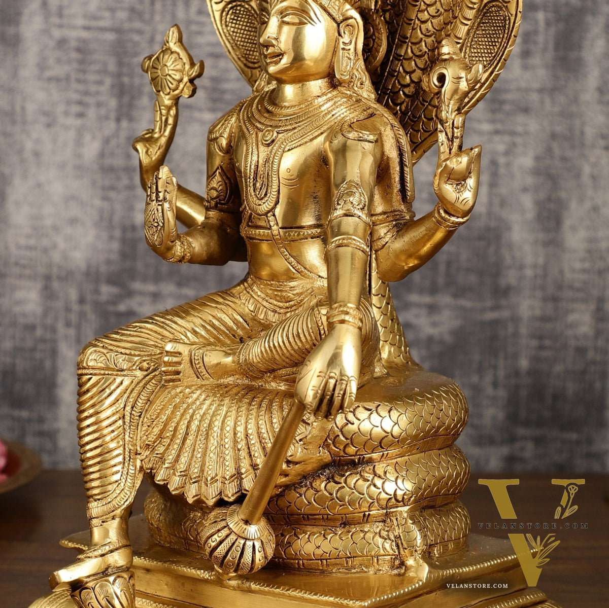 Pure Brass Lord Vishnu statue Sitting Under Sheshanaaga | 11 Inch