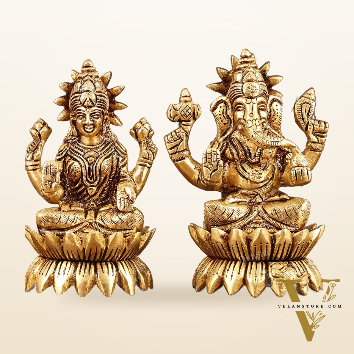 Pure Brass Lotus Ganesha Lakshmi Superfine Idols - 4" Height