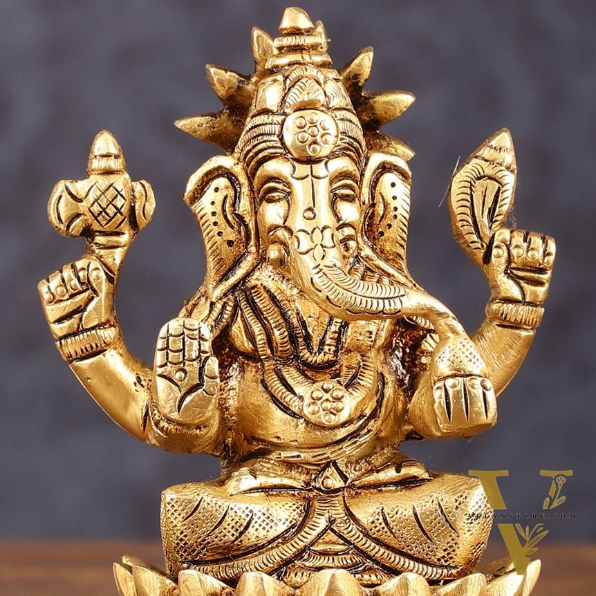 Pure Brass Lotus Ganesha Superfine Idol - 4" Height
