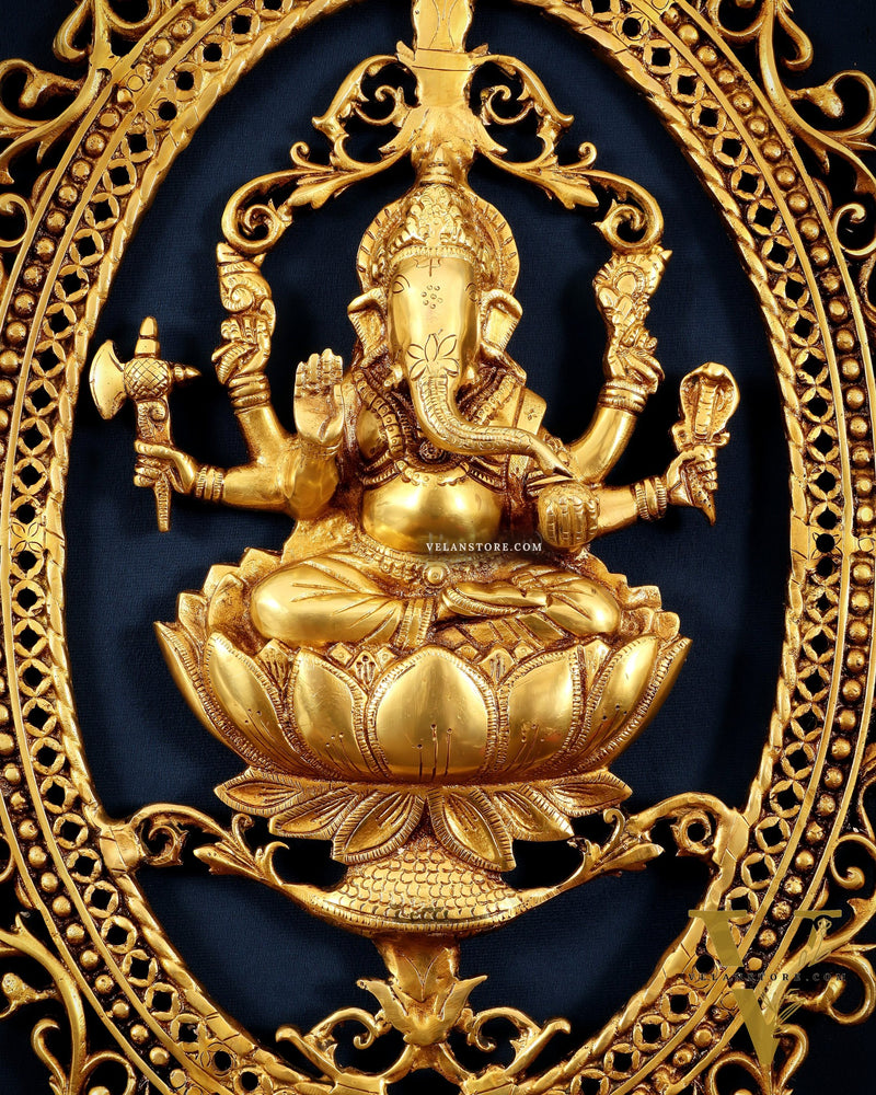 Pure Brass Lotus Ganesha Wall Hanging Frame – Large 30"