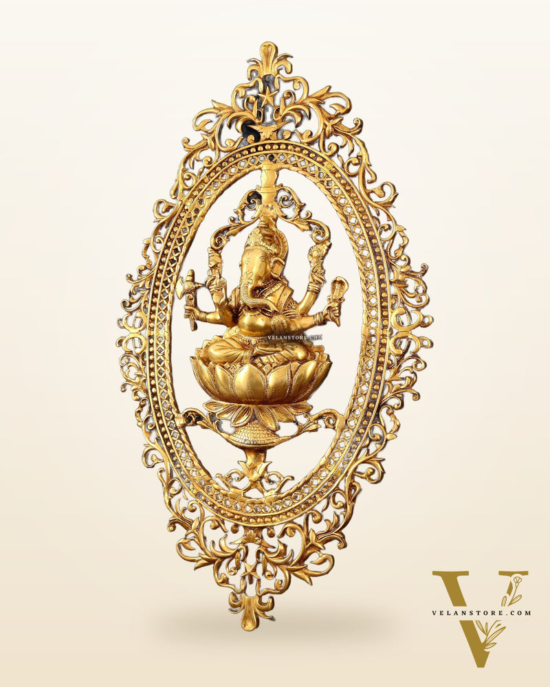 Pure Brass Lotus Ganesha Wall Hanging Frame – Large 30"
