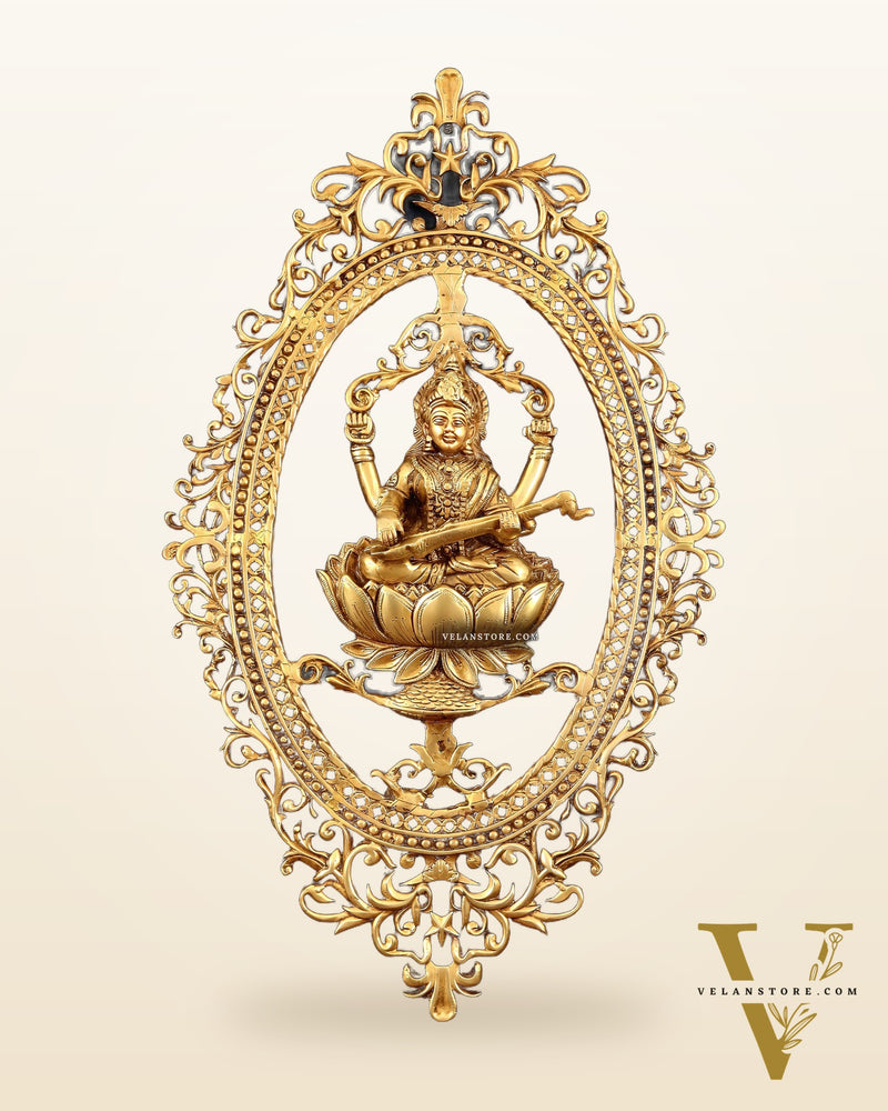 Pure Brass Lotus Saraswati Wall Hanging Frame – Large 30"