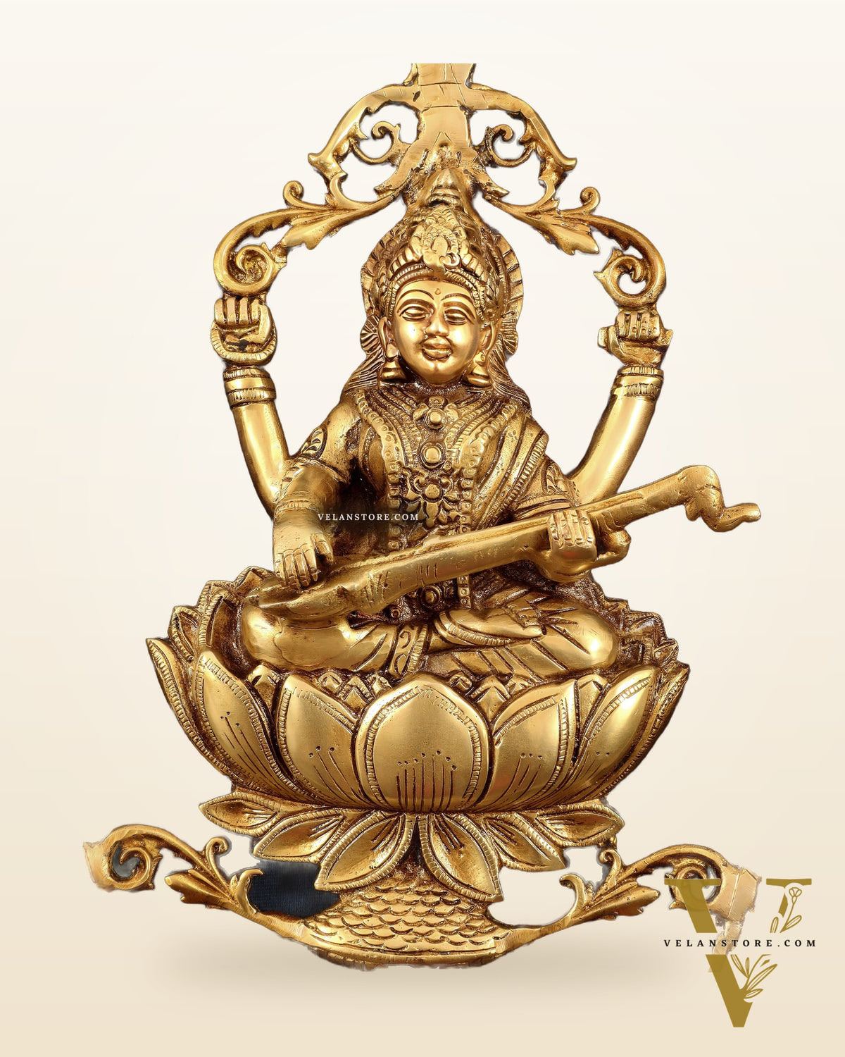 Pure Brass Lotus Saraswati Wall Hanging Frame – Large 30"