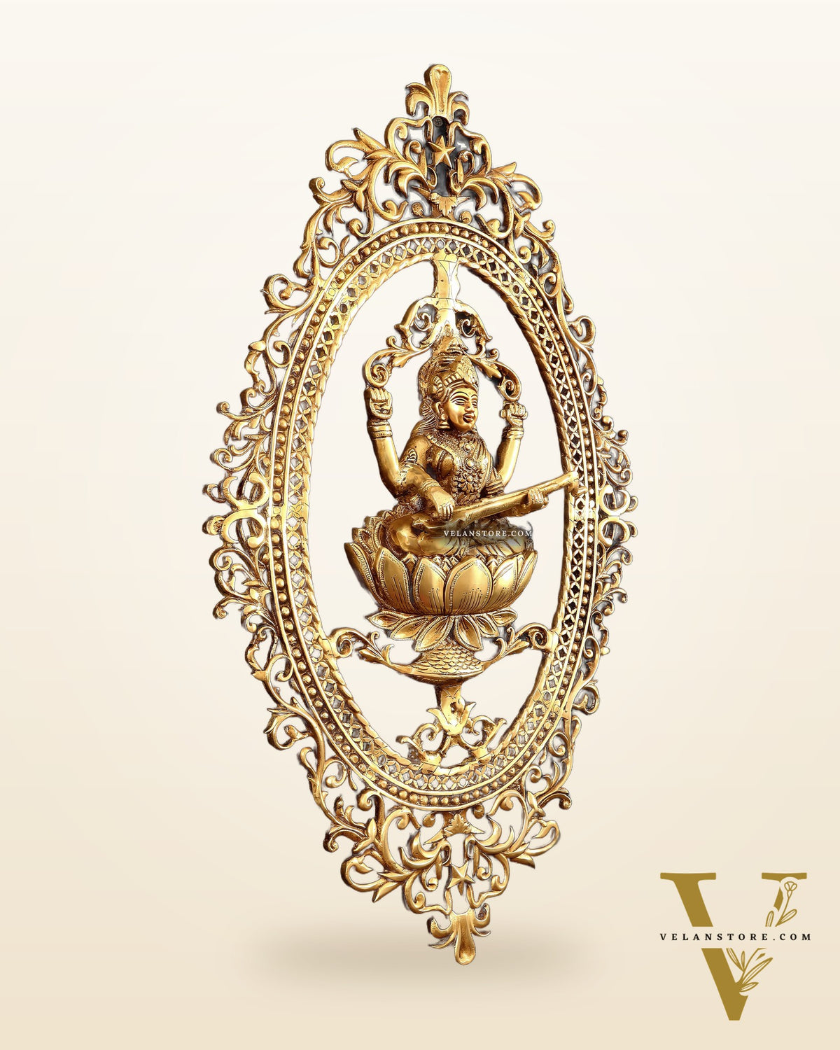 Pure Brass Lotus Saraswati Wall Hanging Frame – Large 30"