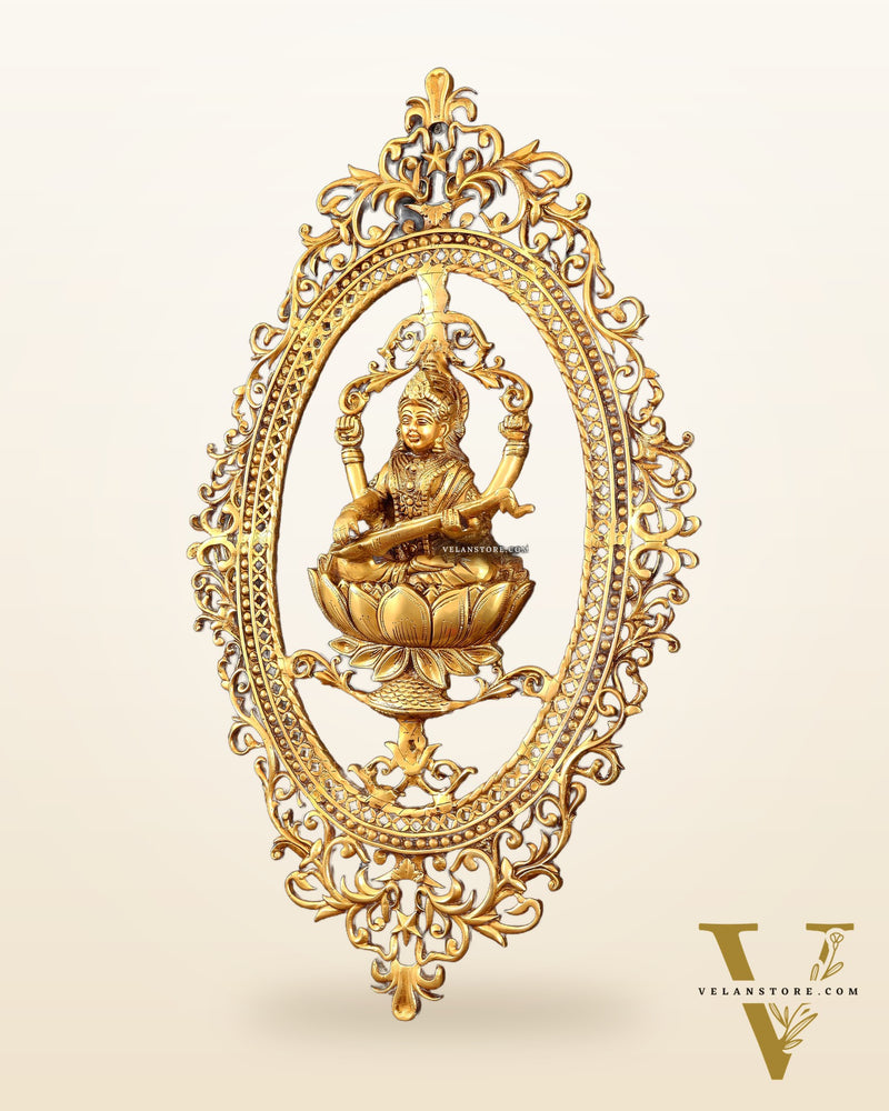 Pure Brass Lotus Saraswati Wall Hanging Frame – Large 30"