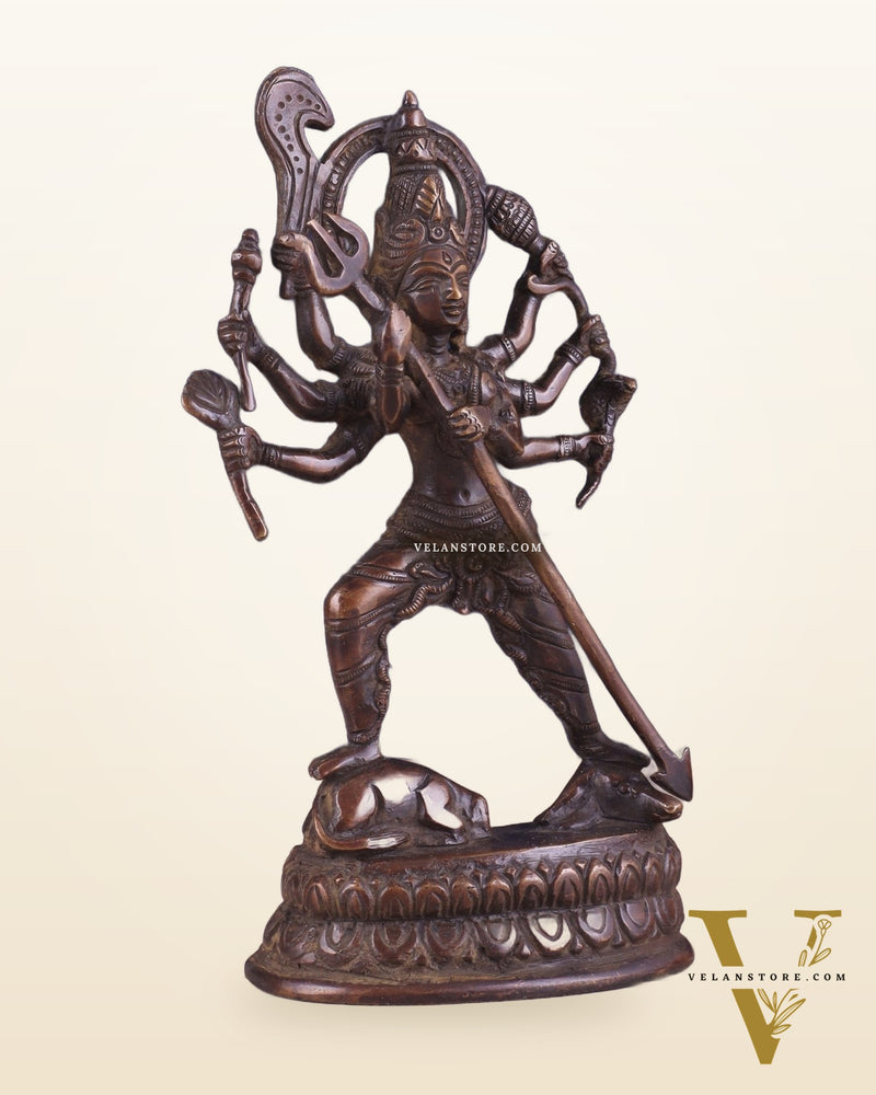 Pure Brass Mahishasur Mardini Durga Idol 8" brown tone