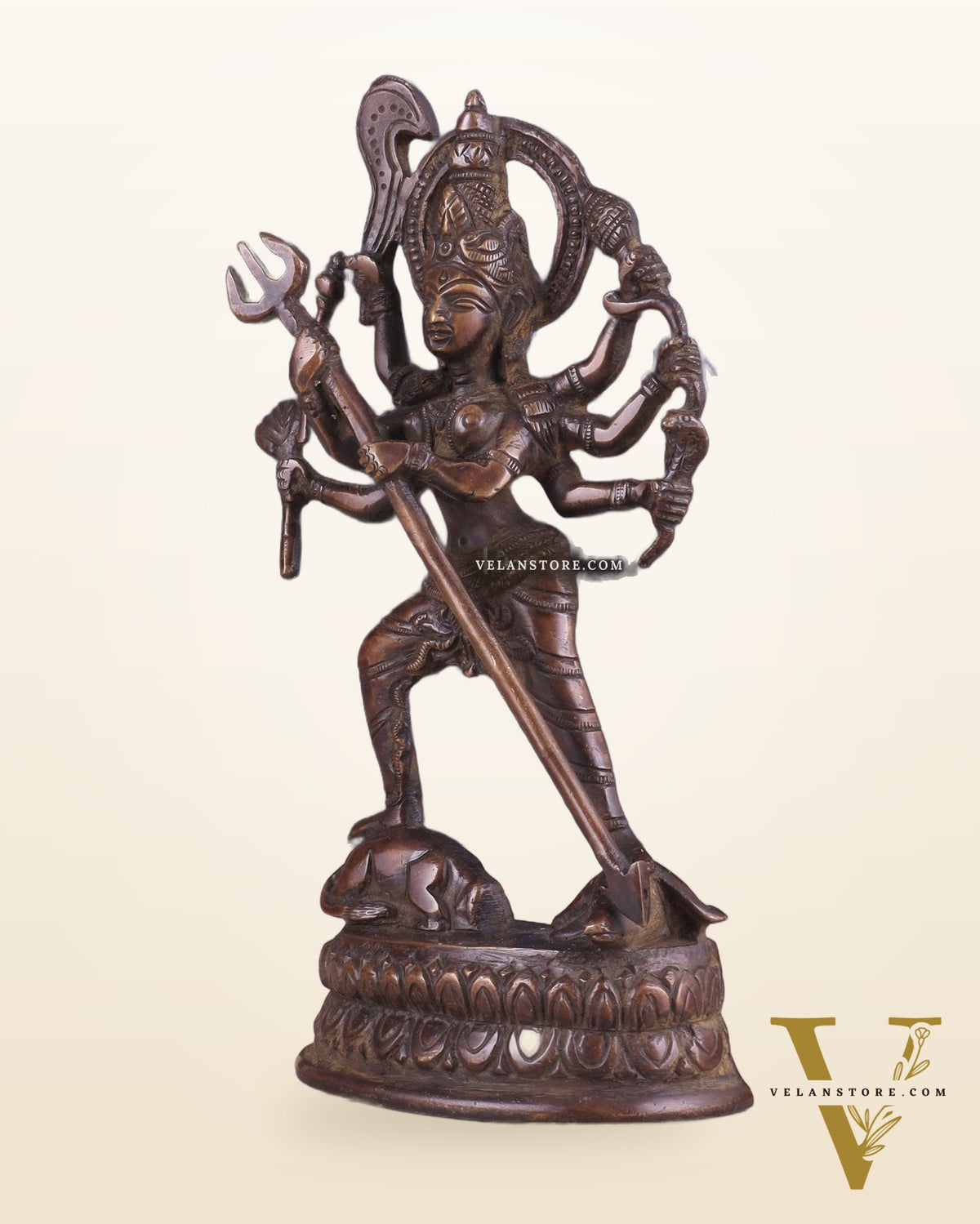 Pure Brass Mahishasur Mardini Durga Idol 8" brown tone