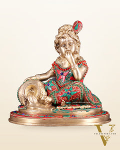 Pure Brass Makhan Chor Baby Krishna Idol | 8" floral stonework