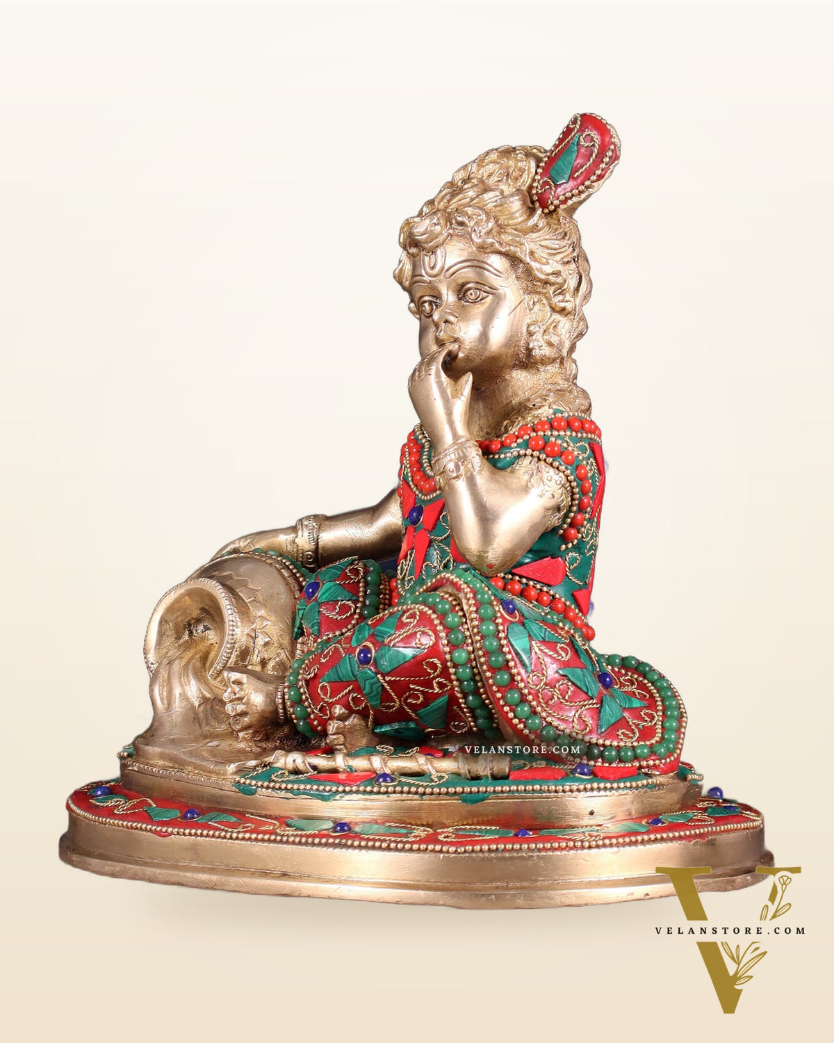 Pure Brass Makhan Chor Baby Krishna Idol | 8" floral stonework