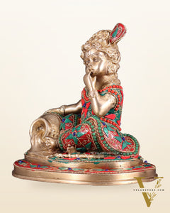 Pure Brass Makhan Chor Baby Krishna Idol | 8" floral stonework