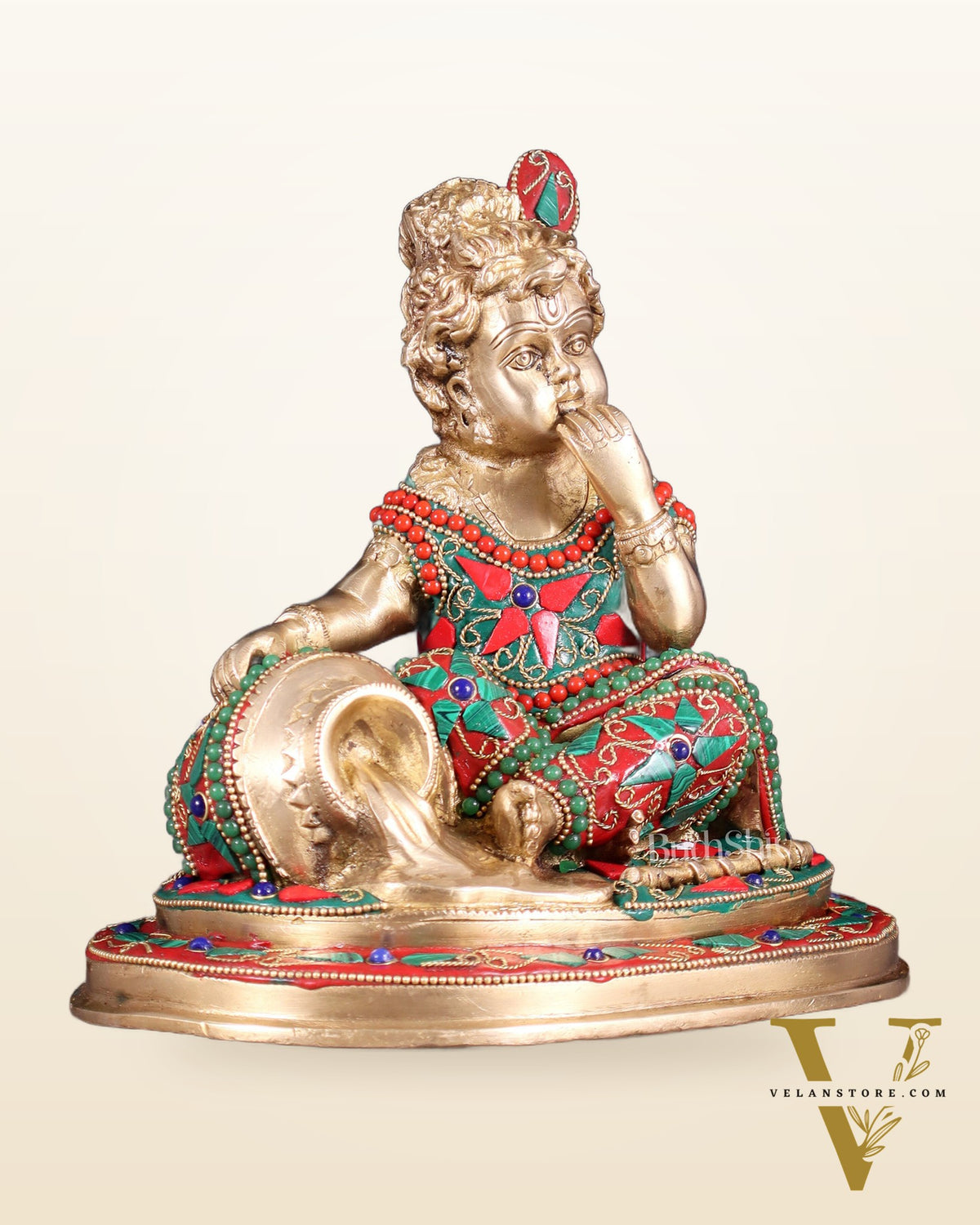 Pure Brass Makhan Chor Baby Krishna Idol | 8" floral stonework