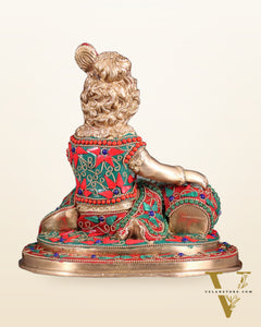 Pure Brass Makhan Chor Baby Krishna Idol | 8" floral stonework