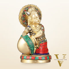 Pure Brass Makhan Chor Bal Gopal Krishna Idol Multicolour 6"