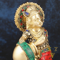 Pure Brass Makhan Chor Bal Gopal Krishna Idol Multicolour 6"