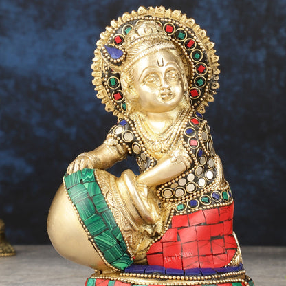 Pure Brass Makhan Chor Bal Gopal Krishna Idol Multicolour 6"
