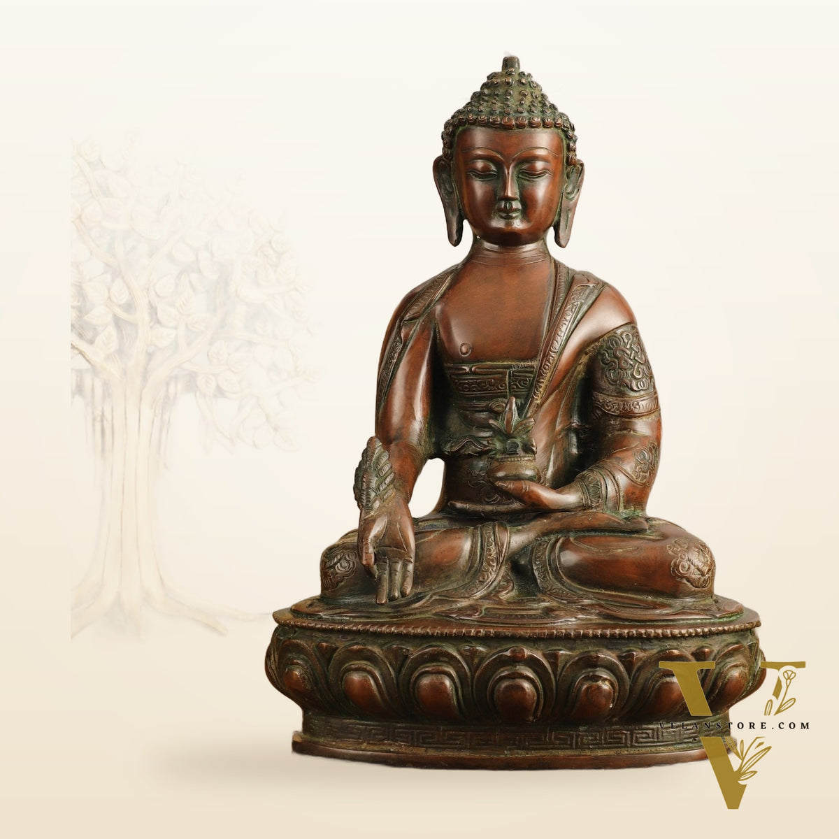 Pure Brass Medicine Buddha Antique Tone Sculpture - 12" Height