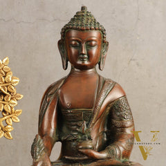 Pure Brass Medicine Buddha Antique Tone Sculpture - 12" Height