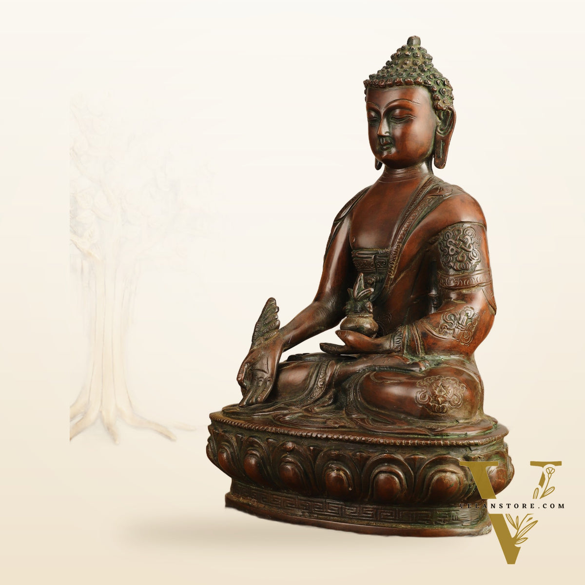 Pure Brass Medicine Buddha Antique Tone Sculpture - 12" Height