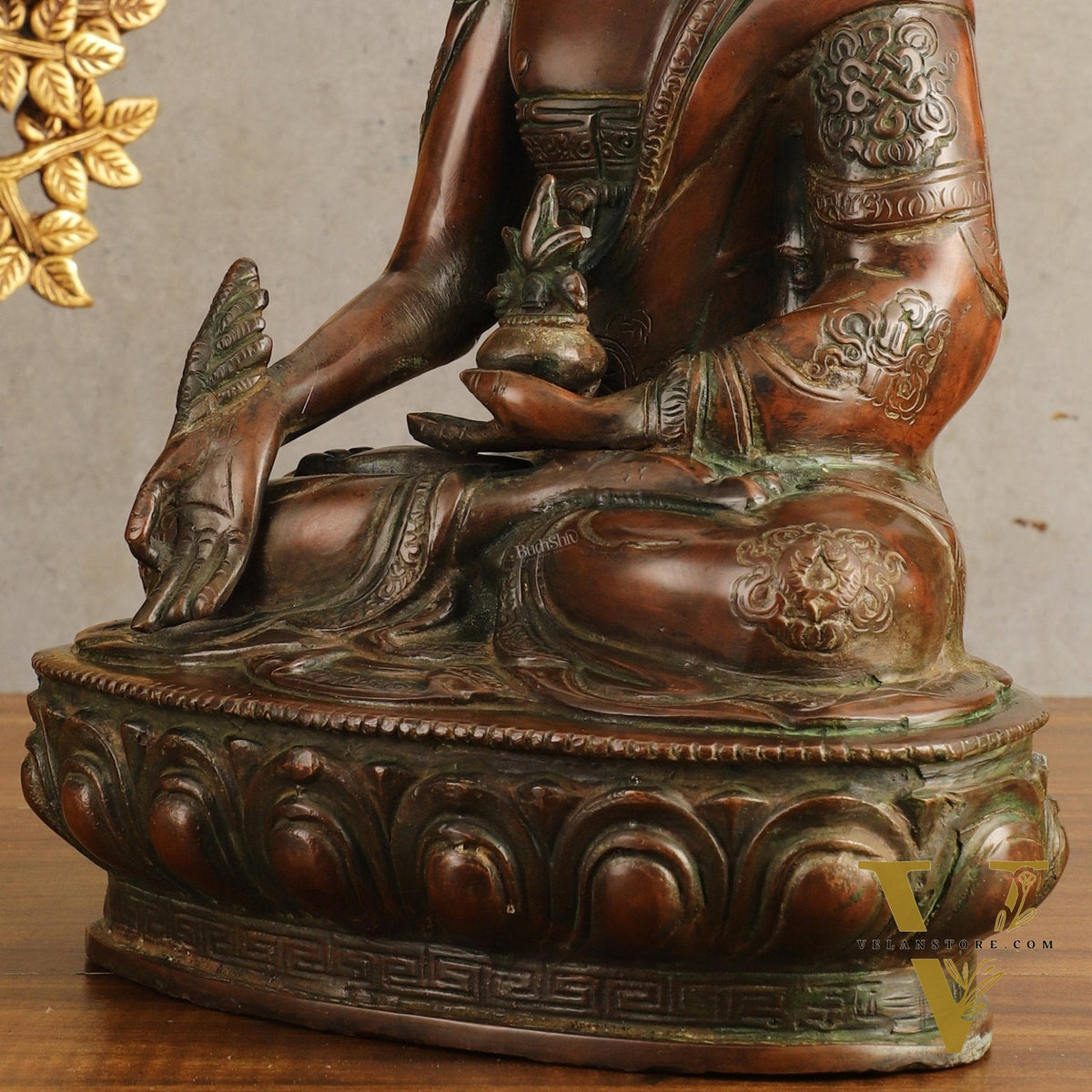 Pure Brass Medicine Buddha Antique Tone Sculpture - 12" Height