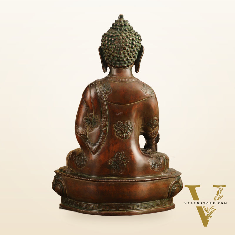 Pure Brass Medicine Buddha Antique Tone Sculpture - 12" Height