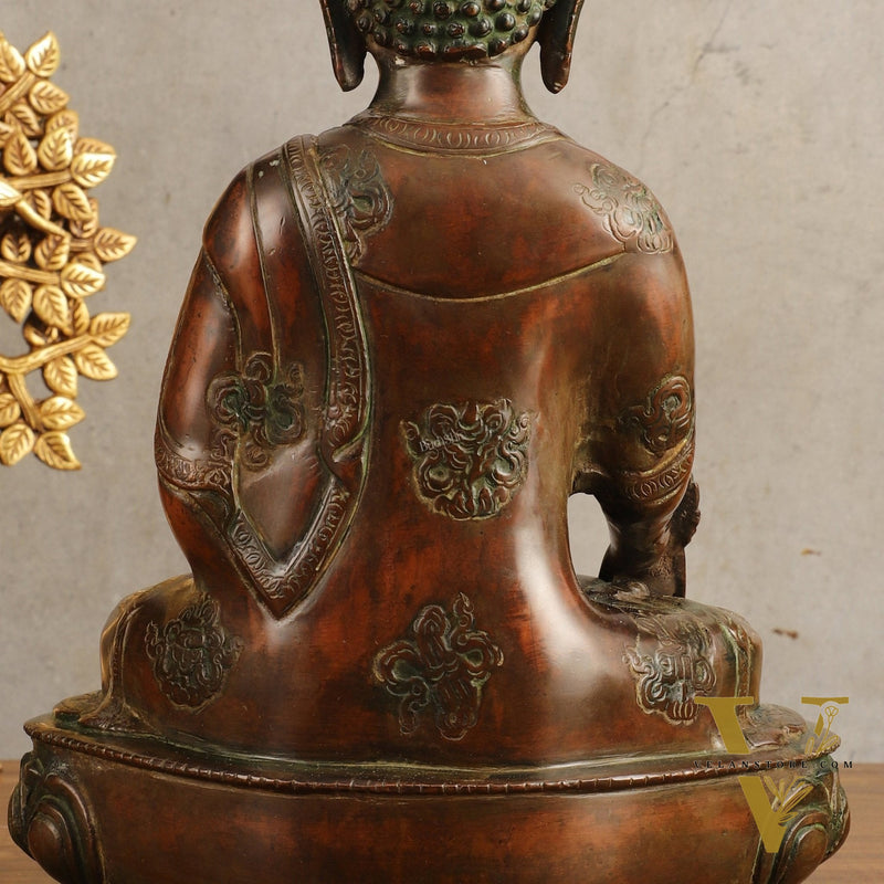Pure Brass Medicine Buddha Antique Tone Sculpture - 12" Height