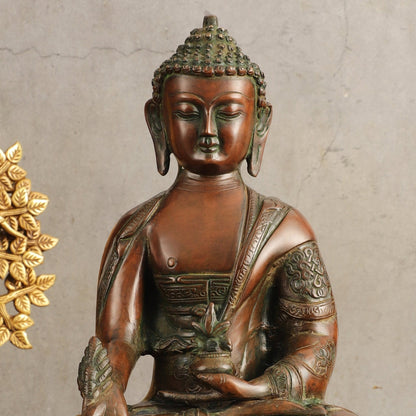 Pure Brass Medicine Buddha Antique Tone Sculpture - 12" Height