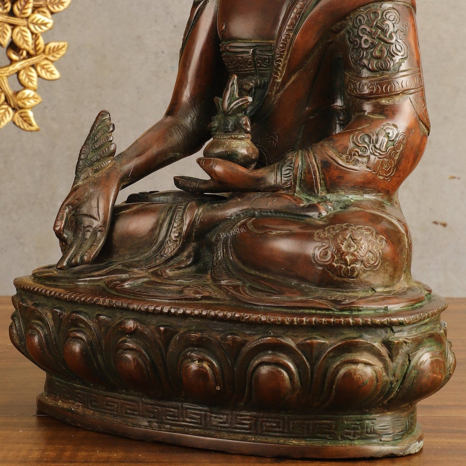 Pure Brass Medicine Buddha Antique Tone Sculpture - 12" Height