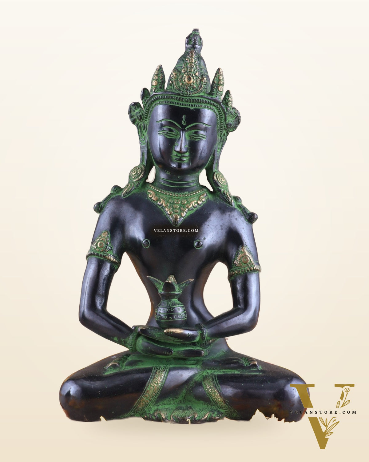 Pure Brass Meditating Buddha Statue - Antique black and green Finish, 13" Height