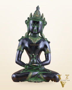Pure Brass Meditating Buddha Statue - Antique black and green Finish, 13" Height