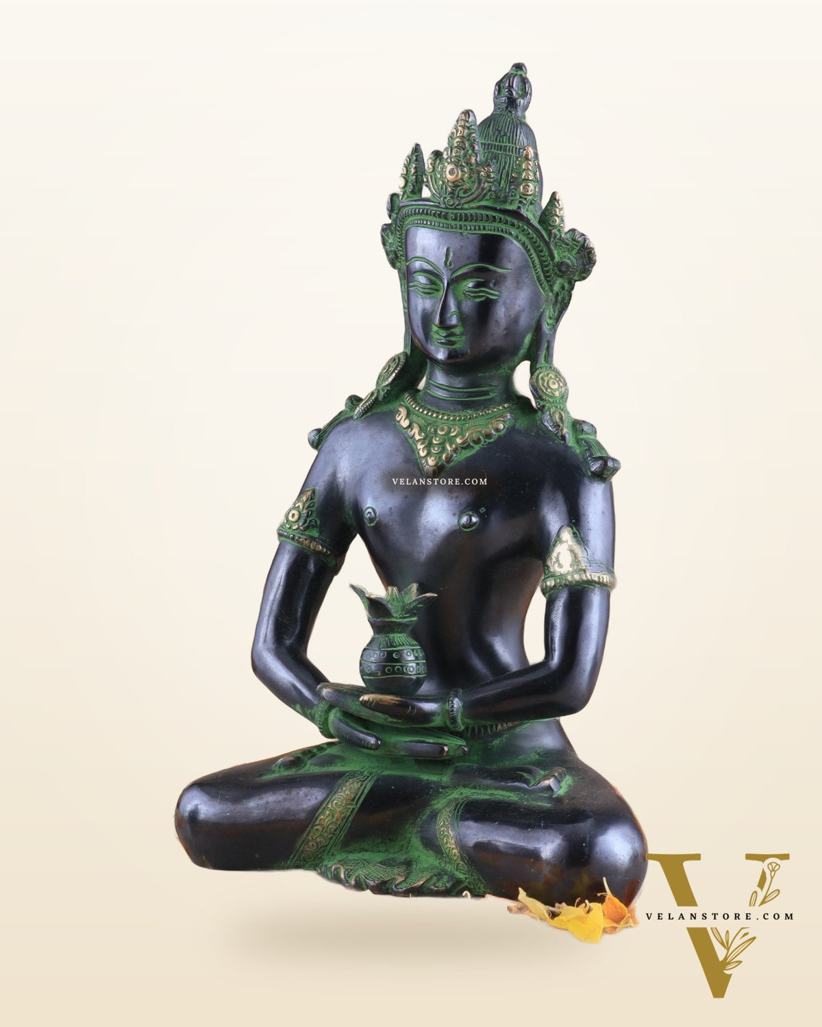 Pure Brass Meditating Buddha Statue - Antique black and green Finish, 13" Height