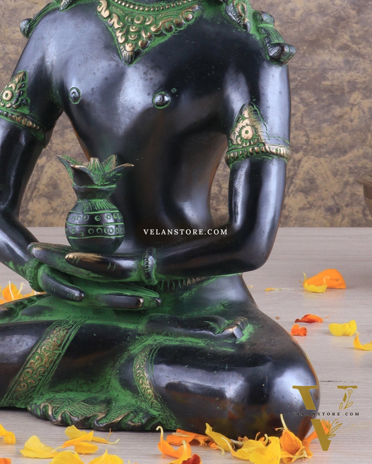 Pure Brass Meditating Buddha Statue - Antique black and green Finish, 13" Height