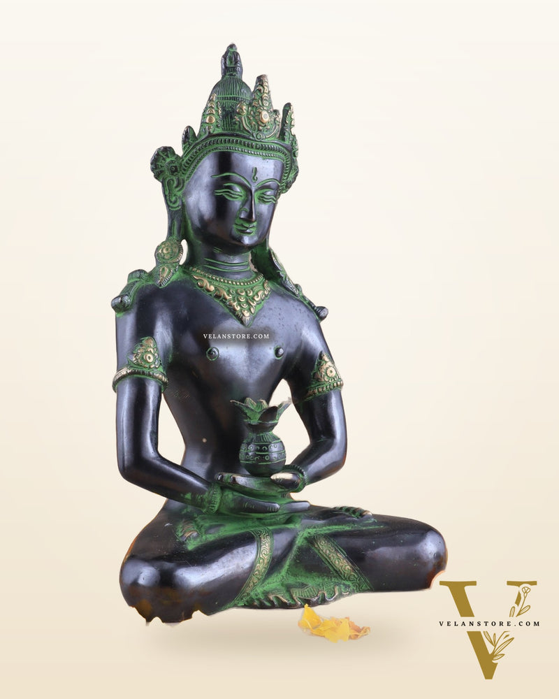 Pure Brass Meditating Buddha Statue - Antique black and green Finish, 13" Height