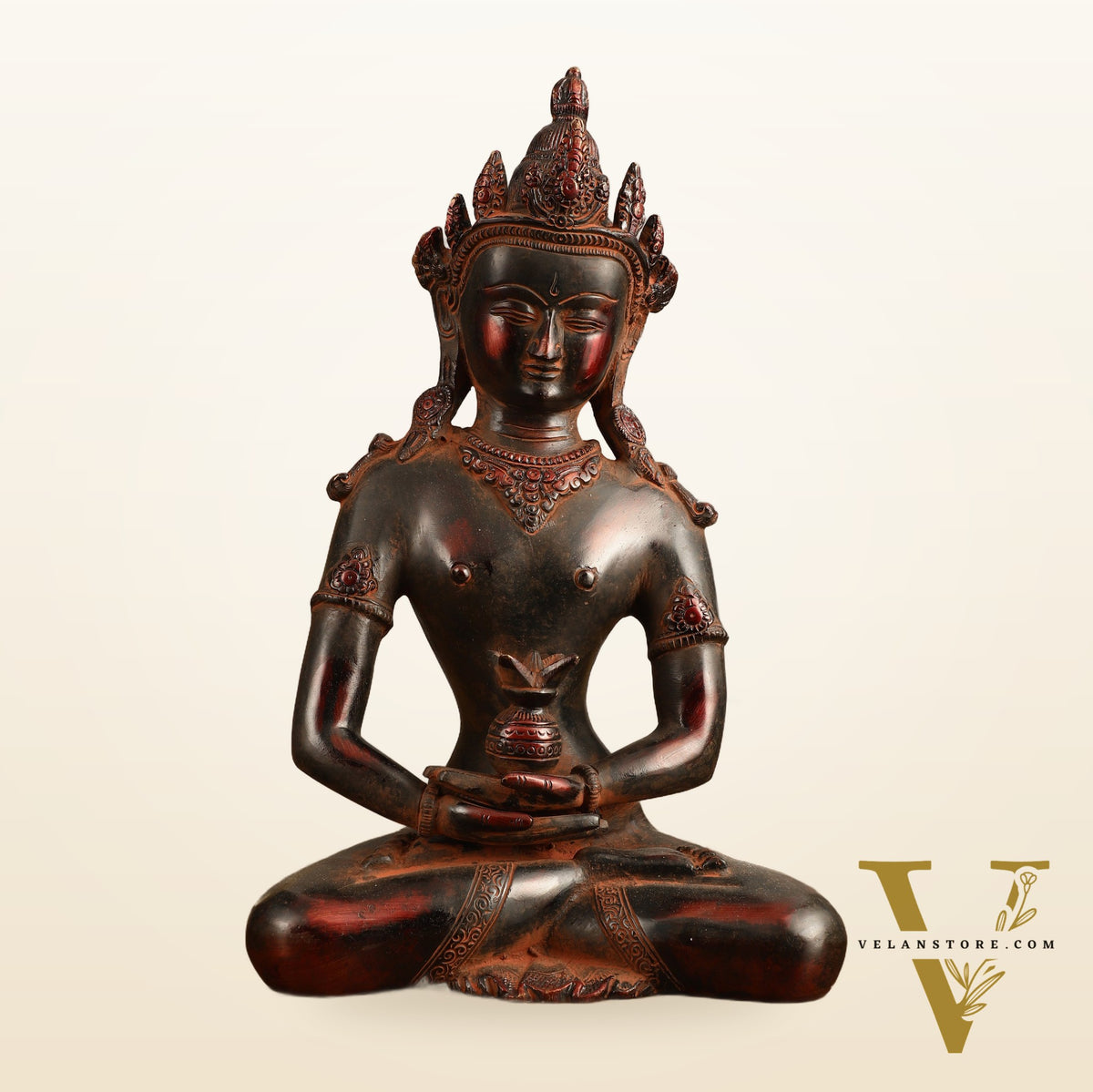 Pure Brass Meditating Buddha Statue - Antique Red Finish, 13" Height