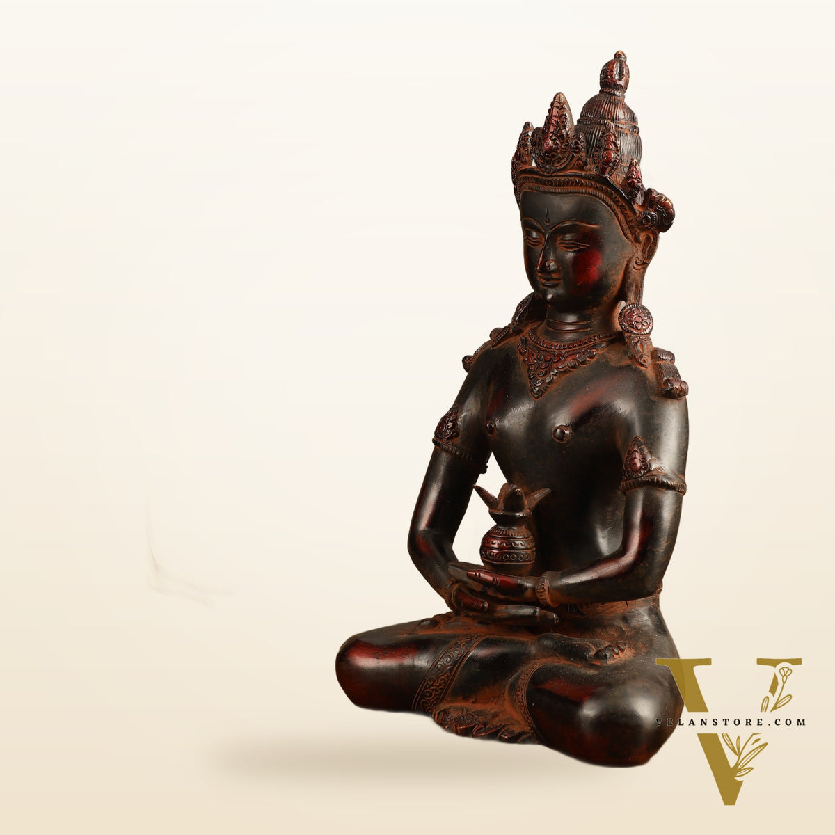 Pure Brass Meditating Buddha Statue - Antique Red Finish, 13" Height