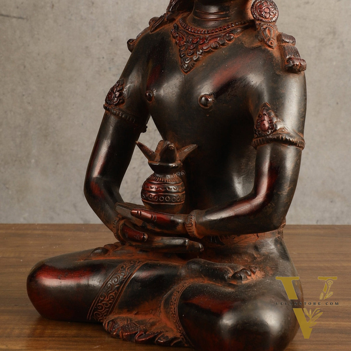 Pure Brass Meditating Buddha Statue - Antique Red Finish, 13" Height