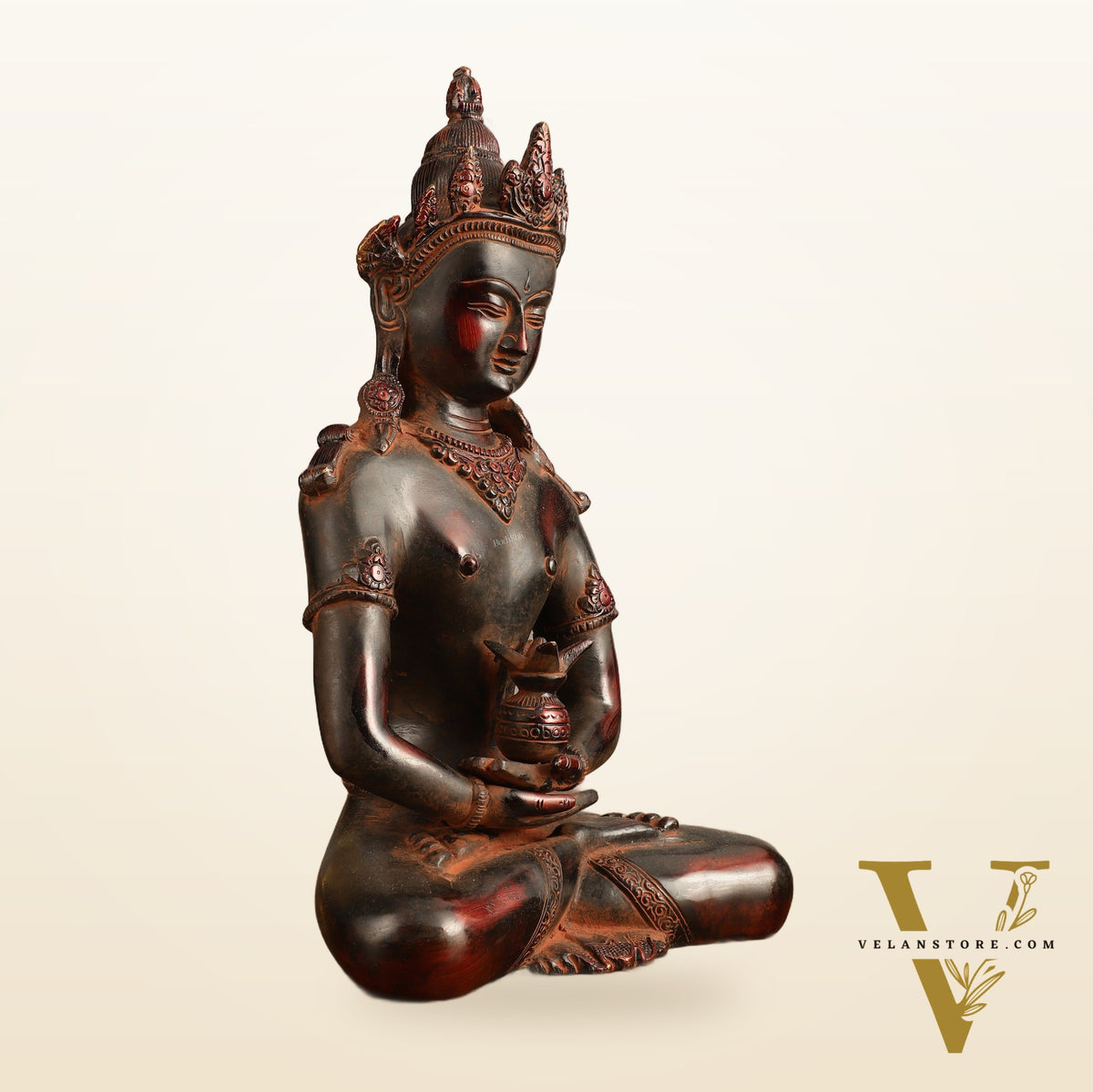 Pure Brass Meditating Buddha Statue - Antique Red Finish, 13" Height