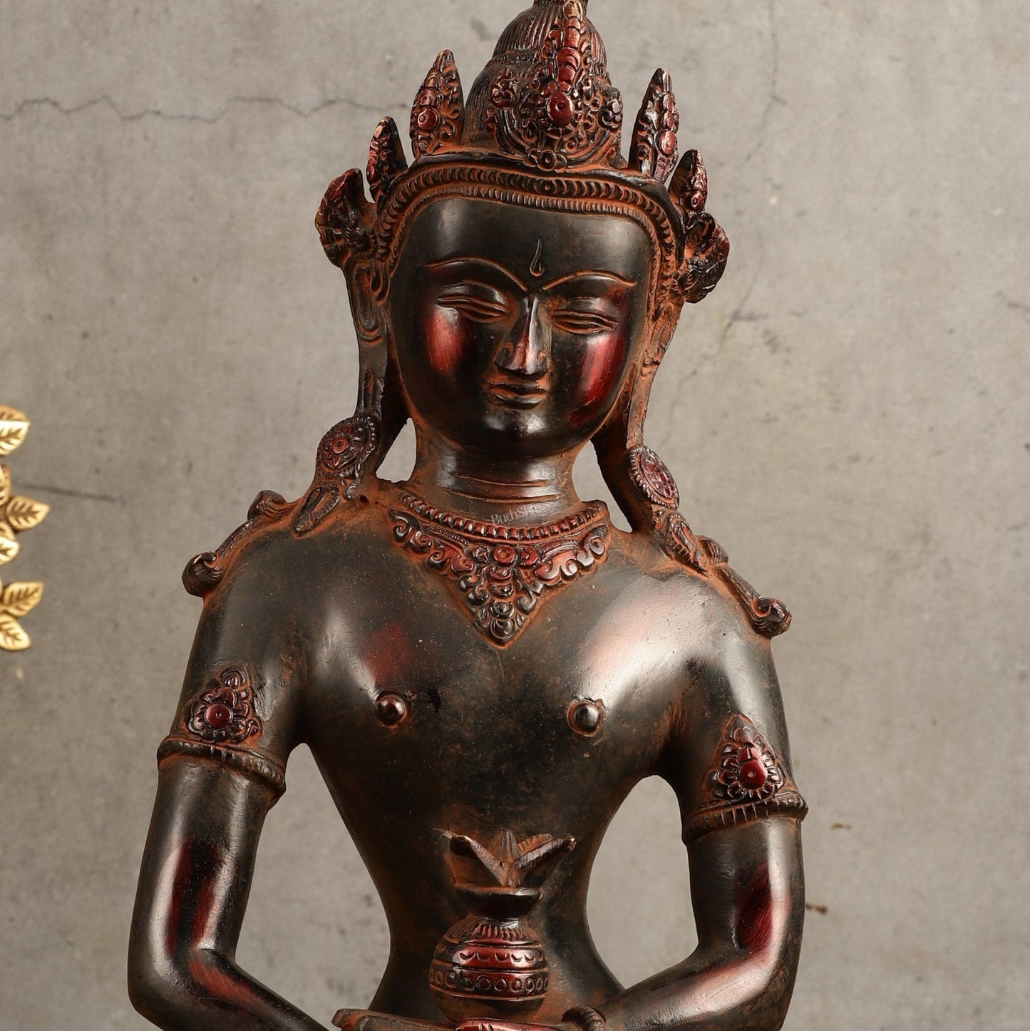 Pure Brass Meditating Buddha Statue - Antique Red Finish, 13" Height