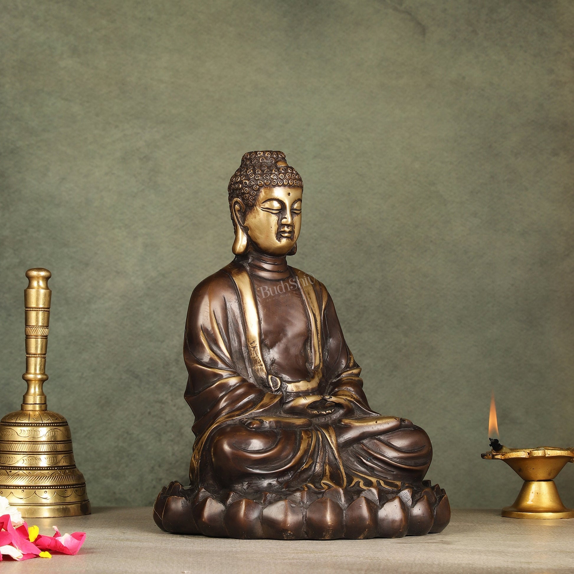 Pure Brass Meditative Buddha Statue - Brown Finish 10"