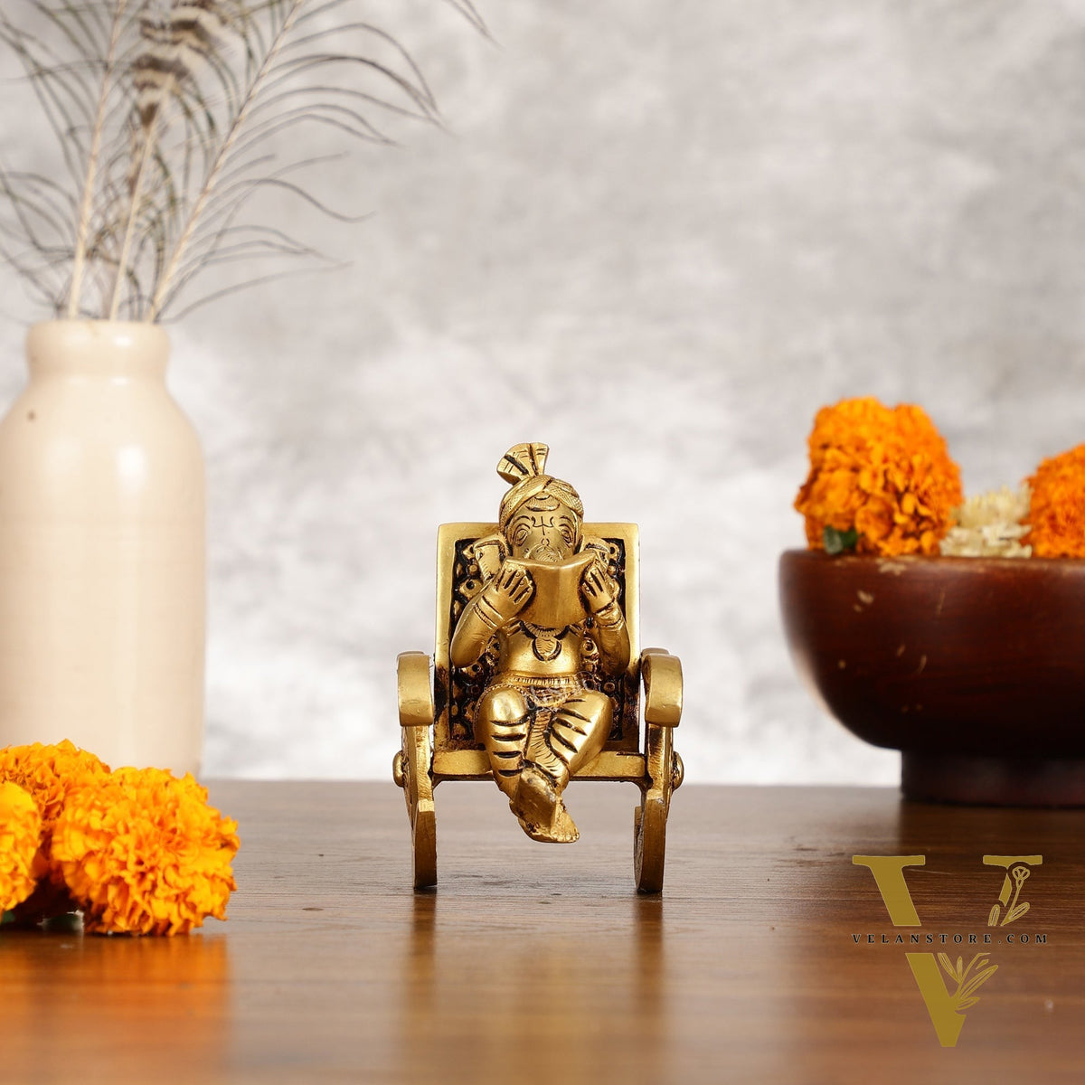 Pure Brass Miniature Lord Ganesha idol on Chair - 4.5 inch