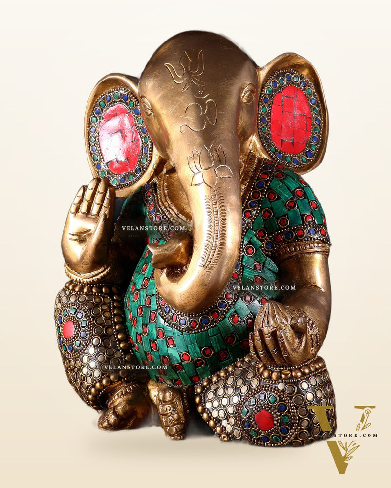 Pure Brass Modern Ganesha Idol with Abstract Design and Stonework 9.5"