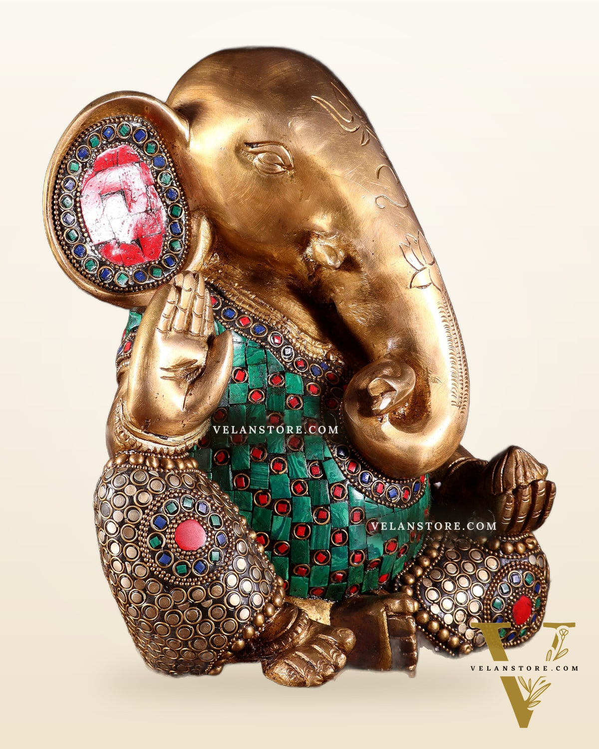 Pure Brass Modern Ganesha Idol with Abstract Design and Stonework 9.5"