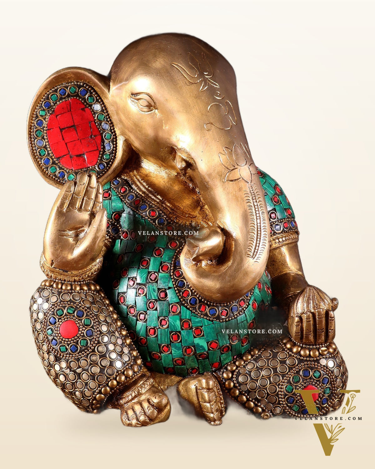 Pure Brass Modern Ganesha Idol with Abstract Design and Stonework 9.5"