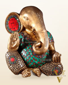 Pure Brass Modern Ganesha Idol with Abstract Design and Stonework 9.5"