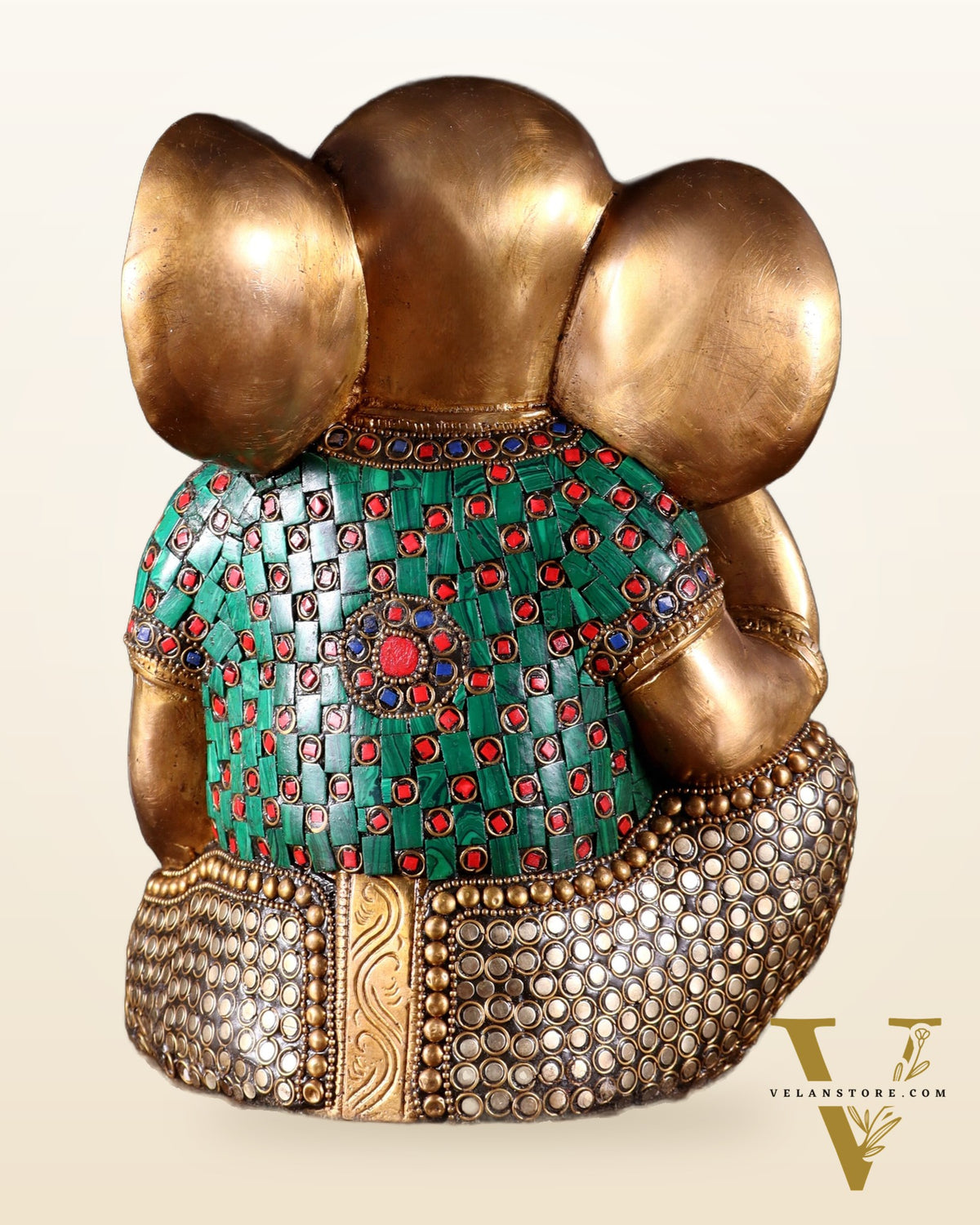 Pure Brass Modern Ganesha Idol with Abstract Design and Stonework 9.5"