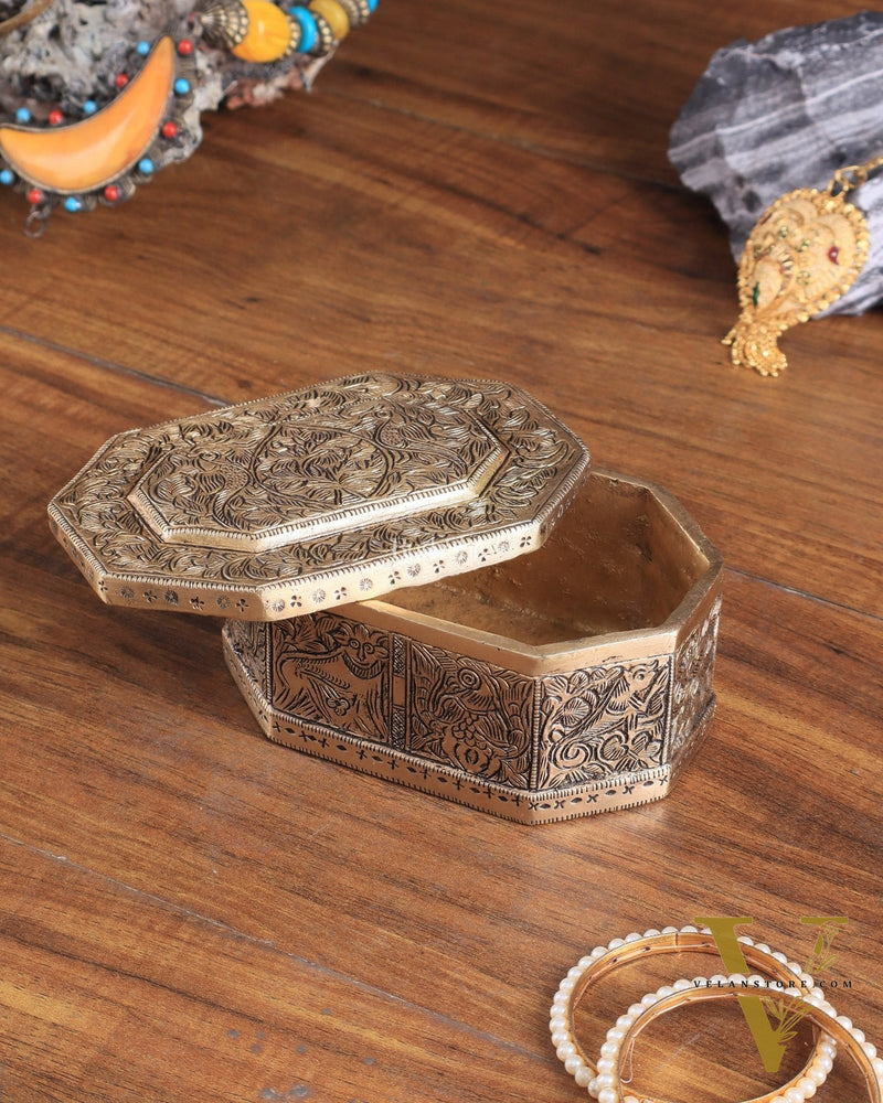 Pure Brass Multipurpose Storage Box with Animal Carvings