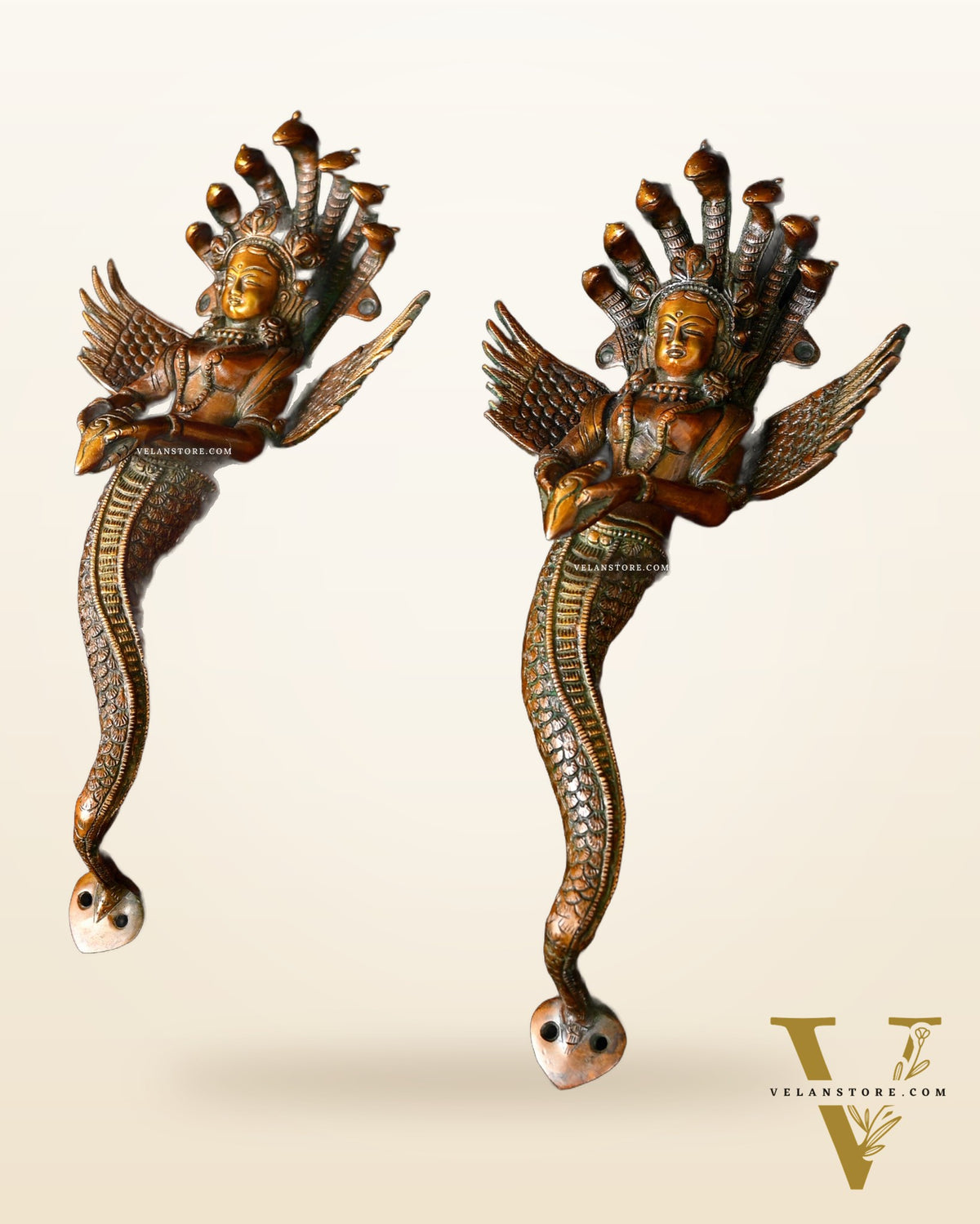 Pure Brass Nagakanya Door Handles Pair – 13.5" – Auspicious Design