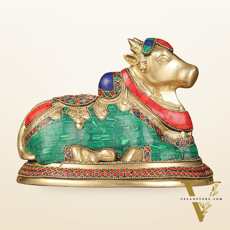 Pure Brass Nandi Bull Idol with Meenakari Work 8"
